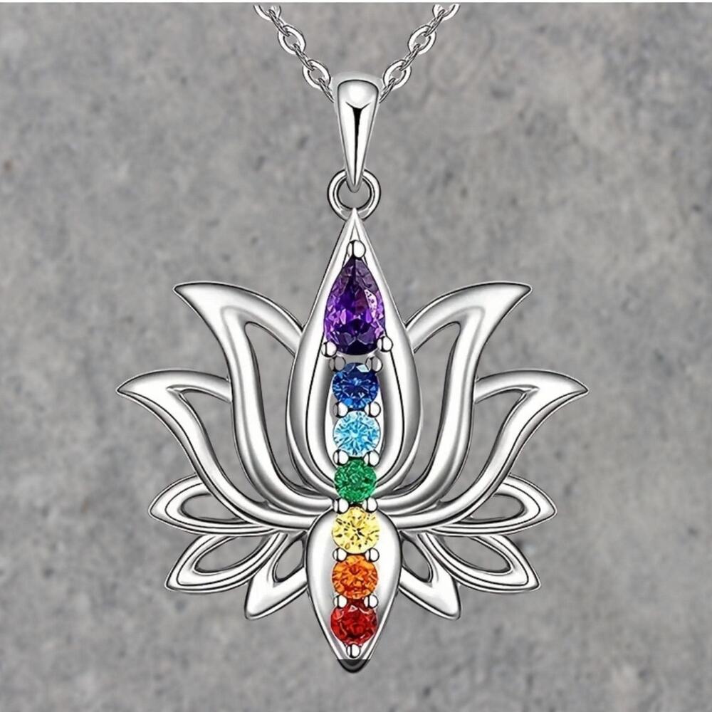 Lotus Flower Chakra Boho Silver Necklace